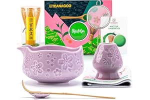 ‎TEANAGOO TEANAGOO 7-częściowy fioletowy zestaw trzepaczek matcha z motywem kwiatu wiśni, kompletny zestaw ceremonii, ceramiczna miska do chawan z wylewką, trzepaczką i akcesoriami, tradycyjny zestaw do herbaty