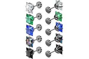 JeryWe 5 Pares Pendientes Titanio para Mujeres Hombres Pendientes Planos de Rosca Acero Inoxidable Arco Iris 5A Cubic Zirconia Pendientes de Cartílago Hipoalergénicos