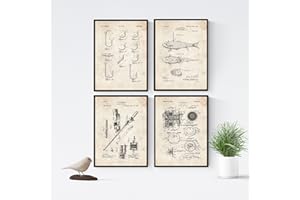 ‎NACNIC Nacnic Angelrute Patent Poster 4er-Set. Vintage Stil Wanddekoration Abbildung von Angeln und Alte Erfindungen. Verschiedene nautische Fischen Bilder ohne Rahmen. Größe A4.