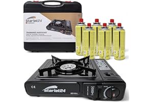 Starlet24 Set di fornelli da campeggio con 6 cartucce di gas e valigetta per il trasporto, ideale per attività all'aperto come campeggio e escursioni, cavo di trasporto e autosufficiente senza