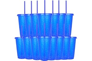 Yisituo Kinderbecher mit Deckel und Strohhalm, 15 Stück Plastikbecher, Trinkbecher Kinder für Partys, Camping, Travel (15, Dunkelblau)