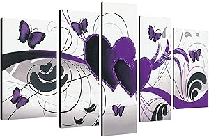 Wieco Art - Purple Love Butterfly 5 Panels Modern 100% Hand Painted Abstract Oil Paintings Artwork on Stretched and Framed Canvas Wall Art Ready to Hang for Wall Decor Home Decoration