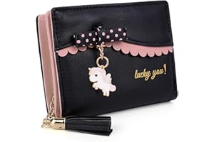 UTO Portafoglio piegatura per Ragazza con Gatto Fiocco, Pelle sintetica di bella disegno stampa,nero e rosa