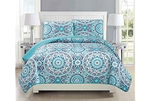 FANCY LINEN Fancy Collection 3pc King/California King Oversize Quilted Bedspread Coverlet Set Floral Turquoise Blue Gray Teal New