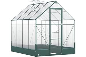 Outsunny 6x8 FT Polycarbonate Greenhouse with Base and Raised Bed, Walk-in Greenhouse with Aluminium Frame, Temperature Controlled Window, Foundation for Plants, Flowers, Vegetable