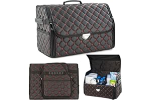 GOSOYO Leather Car Trunk Storage with Lid, Foldable Car Organizer, Boot Storage with Pockets and Dividers, Boot Organizer, Non-Slip Design (Red-Black)