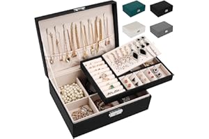 LUZOON Boîte à Bijoux pour Femme en Cuir Deux Etages Coffret de Rangement Bijoux pour Ranger Bagues/Boucles d'oreilles/Colliers-Noir