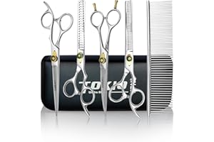 TOKIO JPN Professional Dog Grooming Scissors Set, Pet Grooming Scissors for Dogs, Cats, Horse & All Pets, Stainless Steel 7.5" Curved, thinning, chunker, Straight Scissors & Steel Comb in Leather Pouch.