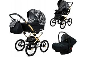 BabyLux® Bambimo Kinderwagen Set 3 in 1 - Margaret Gold - incl. Babywanne, Buggy Sportsitz, Auto-Babyschale - Autositz - Kinderwagenset - Kombikinderwagen mit Wickeltasche, Regenschutz usw.