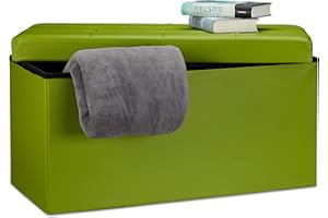 Relaxdays Folding Storage Bench, Faux Leather, 38 x 78 x 38 cm, Foldable Footstool Ottoman, 300kg, 2-Seater, Green