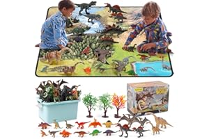 Dinosaure Jouet avec Tapis de Jeu D'activité, Figurines de Dinosaures Educatives Réalistes y Compris Ptérodactyle, Tricératops, Tyrannosaure, Arbres, Rocaille, Cadeau Pour Garçons et Filles