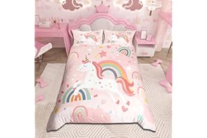 Loussiesd Einhorn Bettwäsche Set 135x200cm Mädchen Niedliche Regenbogen Einhorn Bettbezug Für Kinder Betten Cartoon Rosa Stern Traumhaft Bettwäsche-Set Weich Atmungsaktiv