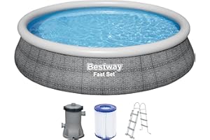 Bestway Fast Set Pool, 457 x 107 cm, Komplett-Set mit Filterpumpe, rund, graue Rattan-Optik