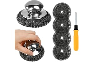 Byfoyif 2 Pcs Brosse Vaisselle INOX avec 4 Éponges Rechargeables et Tourne-Vis, Brosse Nettoyage Cuisine en Acier INOX, Éponge Vaisselle Cuisine Ronde 6x9cm, pour Lavage Casserole Poêle Ustensile