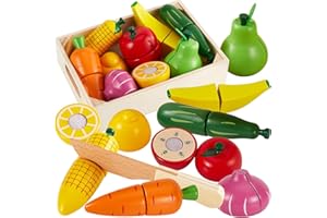HERSITY Wooden Play Food Toys for Kids Kitchen Pretend Play Set Cutting Fruit and Veg Toys Toddlers Early Learning Gifts for 18 Months 2 3 4 Year Old Boy Girls Childrens