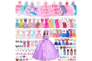 SEKEPINGO 55 Pcs Doll Clothes Outfits and Accessories Gift Sets for 11.5Inch Girls Including 4 Princess dresses 16 Dresses 3 Swimsuit 3 Tops 3 Pants 5 Jewelry 10 Shoes 5 Bags 5 Hangers and 1 Doll