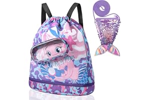 Invalidism Swimming Bags for Kids, Mermaids Drawstring Backpack with Sequin Crossbody Bag, Waterproof Sports Gym Beach Bags for Swimming Pool Beach Travel School with Zipped Pocket
