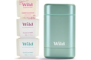 Wild - Déodorant Naturel Rechargeable - Sans Aluminium - Etui Aqua avec Lot Varié de Recharge (3 x 40g) - Comprend Fresh Cotton & Sea Salt, Cherry Blossom et Coconut & Vanilla - Végan
