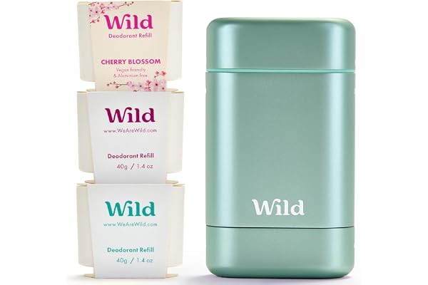 Wild - Déodorant Naturel Rechargeable - Sans Aluminium - Etui Aqua avec Lot Varié de Recharge (3 x 40g) - Comprend Fresh Cotton & Sea Salt, Cherry Blossom et Coconut & Vanilla - Végan