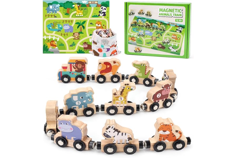 Magnetic Wooden Train Set with Farm Animals and Play Mat: Montessori Educational Toys for Toddlers 1 2 3 4 Year Old Boys Girls Perfect Toddler Toy Gift for Birthday Christmas (train)