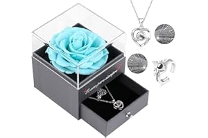 EAPRALA Te Amo para Siempre Regalo Original Mujer,Rosa Preservada Real con Anillo y Collar de Corazón con Te Amo en 100 Idiomas, Rosa Eterna para el Día de San Valentín Aniversario Cumpleaños