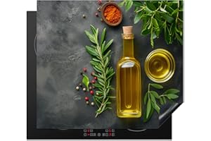 KitchenYeah© Protection Pour Plaque Induction 59x51 cm Deco Cuisine Protégé Cache De Cuisson Vitroceramique Tapis Huile d'olive - Béton - Feuilles - Herbes - Poivre