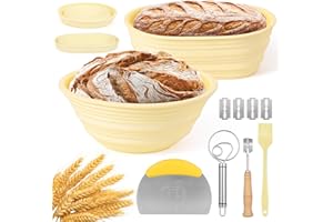 Kssiaz Cesta de Fermentación de Pan, Cuenco para Masas de Silicona, Banneton para Hornear Pan Redondo de 9 Pulgadas+Ovalado de 10 Pulgadas con Utensilios de Repostería, Fácil de Limpiar, Amarillo