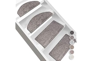 FLODI. Soft Deep Pile Stair Tread Carpet Mats, Set of 15 Pieces, Sundae Self Adhesive Anti Slip Stair Pads Runner for Staircase (Silver, Semicircular - 19 x 56 cm)