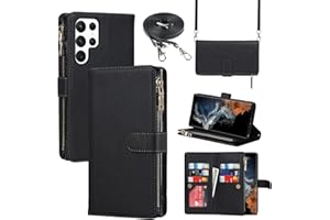 CAVOR Copmob Handykette Samsung S22 Ultra Hülle Mit Band,Handyhülle S22 Ultra,Flip Leder Geldbörse Hülle,[9 Kartenfach][Magnetisch],Klapphülle Schutzhülle für Samsung Galaxy S22 Ultra - Schwarz