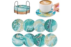 DERJDISF Posavasos - 8 Posavasos de Arte con Diamantes DIY con Soporte, Manualidades para Adultos, Kits de Pintura de Diamantes, Posavasos DIY Marina para Manualidades