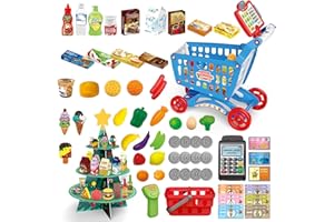Redcrab Kids Supermarket Set Grocery Store, Children's Smart Shopping Cart With Cash Register And Christmas Tree Shaped Shelves, Play House Toy Shopping Cart,Suitable For Toddlers 3-8 Years Old (Blue)