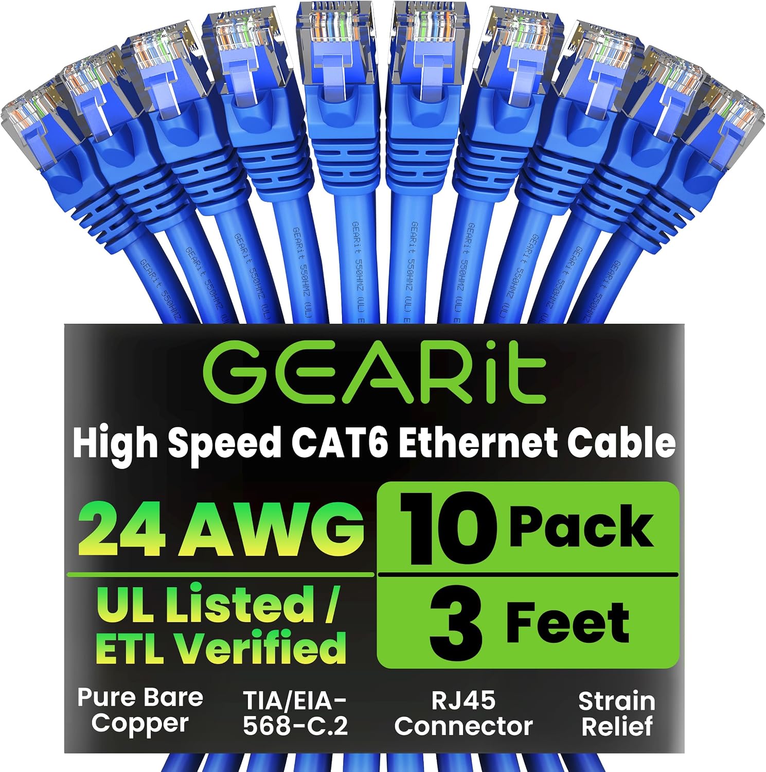 GEARit Cat 6 Ethernet Cable (10-Pack 3 Feet) Cat6 Network Patch, 10Gbps, RJ45, Snagless Cord, Gold-Plated Connectors, Internet for PC, TV, Tablet, Router, Printer, Servers, IT Data Center - Blue