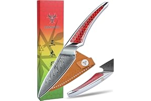 SANMUZUO Couteau d'office 9 CM, couteau de cuisine japonais en acier Damas VG-10, couteau à fruits ultra tranchant avec manche pleine soie en résine Rouge, série LA-S9