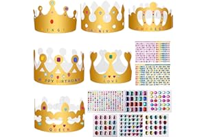 WOOTONG Cerolopy Party Hats, Golden Party Paper Crown 6 pcs King Crown with 878 Pieces Rhinestone Stickers and Alphabet Number Stickers DIY Princess Prince Crown Set For Birthday Party