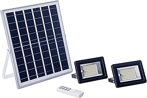 ELEDCO Focos LED Solares 64W, Luces Exterior con Panel Solar, Batería, Mando a Distancia, Autonomía 8-15 Horas (2 Focos, 64W, Luz Neutra 4000K)