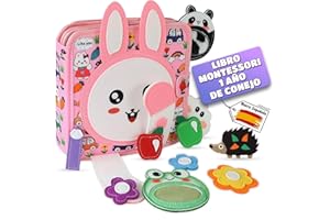Olifty Libro Montessori 1 Año - Busy Board Montessori - Libro Bebé 1 Año - Busy Book - Libro Sensorial Bebé de Fieltro - Tablero Montessori 2 Años (Conejo Rosa)