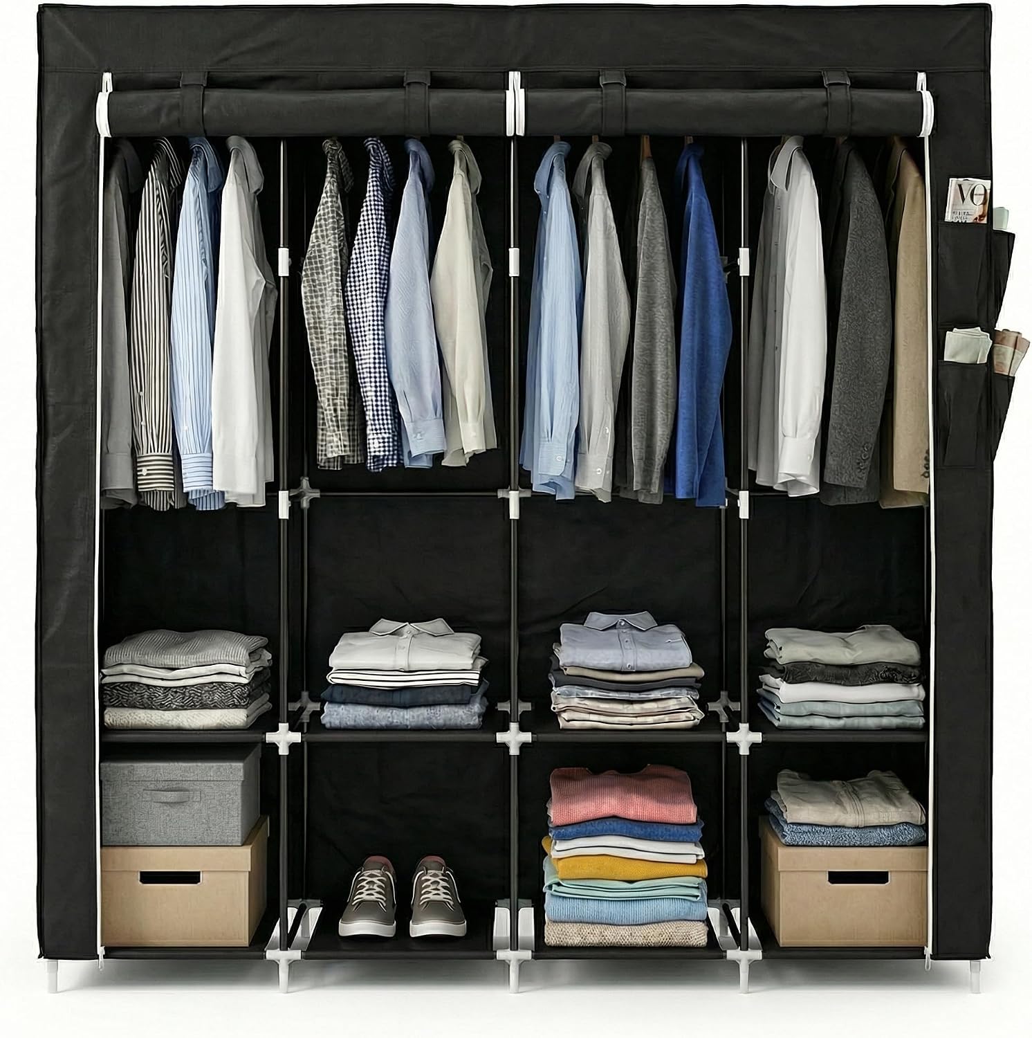 Pincho Armario Ropero, Armario de Tela, Ropero Portatil para Ropa, Organizador de Ropa con Cremallera, Estanterias Modulares con Perchero, Wardrobe, Closet Organizer - 170x45x165 cm Negro