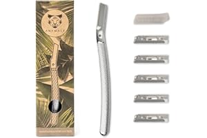 ‎ANYMALE ANYMALE® Dermaplaning Rasierer mit 5 Wechselklingen und Klingenschutz | Augenbrauenrasierer aus Metall | Gesichtsrasierer für Flaumhaare | Gesichtshaarentferner für Damen und Herren | Silber