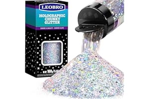 LEOBRO Glitter, Holographic Chunky Glitter, 160G/5.64OZ Silver Glitter, Craft Glitter for Resin, Metallic Iridescent Silver Chunky Glitter Sequins Flakes, Makeup Face Body Glitter, Christmas Glitter