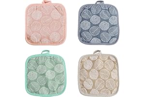 VODUNS Presine da cucina, 4 presine da cucina, in cotone e lino, resistenti al calore, motivo a foglia, presine da cucina, antiscivolo, con fori di sospensione, per cuscino riscaldante quotidiano trapuntato
