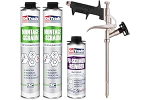 KM Trade Bauschaum-Set - Inkl. 2x 1K Montageschaum (je 750 ml), 1x Schaum-Pistole & 1x PU-Schaum-Reiniger (500 ml)