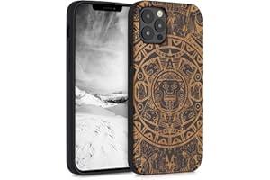 kwmobile Carcasa Compatible con Apple iPhone 12 / iPhone 12 Pro Funda - Funda de Madera de Cerezo con Bumper antigolpes - Calendario Azteca