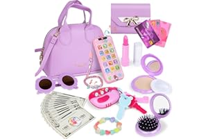 Learn2M Handtasche für Kinder Mädchen,Mein Erstes Vortäuschen Handtasche für Kleine Mädchen mit Geldbörse Make-up Handy Sonnenbrille Schminkspielzeug und Mehr für Kinder ab 3 Jahren Geschenkidee Lila