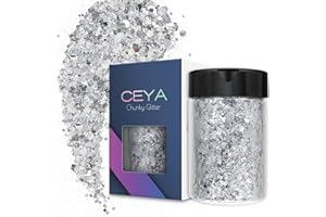 Ceya Purpurina gruesa, 3.5 onzas / 100 g de purpurina plateada brillante para manualidades, mezcla de copos finos, lentejuelas iridiscentes para arte de uñas, cabello, resina epoxi, vasos, slime,
