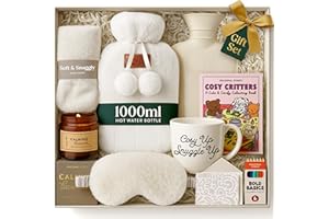 SEASONAL STREET Hot Water Bottle Gift Set - Christmas Presents for Women, Includes White 1L Hot Water Bottle with Socks, Mug, Candle, Eye Mask, and Colouring Book with Pencil - Gifts for Women