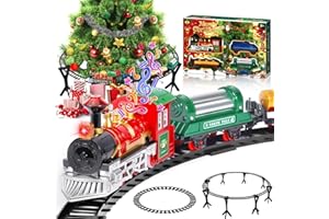 POWZOO Train Électrique Noël,37 Pièces Train de Noël,Locomotive Trains et 3 Wagons,90cm Piste Circulaire, avec Lumières et Sons,pour Décorer Le Sapin (Autour ou sous l'arbre)