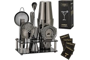 Ensemble Boston Shaker Gienxias - 10 pièces en acier inoxydable, avec filtre, pince à glace, cuillère de bar, doseur et support en acrylique - Pour barmans professionnels et amateurs (Noir)