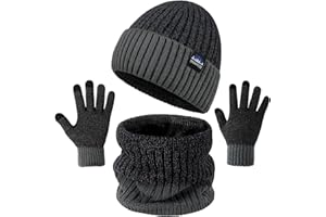 KQueenStar Direct Hat Scarf and Gloves Set Mens - Winter Thermal Warm Knitted Beanie Hat Neck Warmer Touchscreen Gloves with Soft Fleece Lining Stretchy Outdoor Sports Gift for Men UK