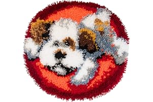 PLUZLUCE DIY Craft Latch Hook Rug Kits, 19x19 inches Pattern Printed Canvas DIY Carpet Crochet Yarn Kits -Handcraft Cushion Crocheting Hook Set Home Decoration for Family Friends Adults and Kids (Dog)