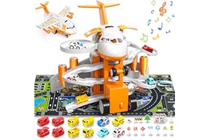 DOLOOWEE Juguetes de Avión de Carga de Transporte, con Música y Luz Juego de Juguete de Coche de Avión, con Juguete de Coche de Vehículo 1 Mapa 1 Barricada para Niños y Niñas de 3+ Años (Amarillo)